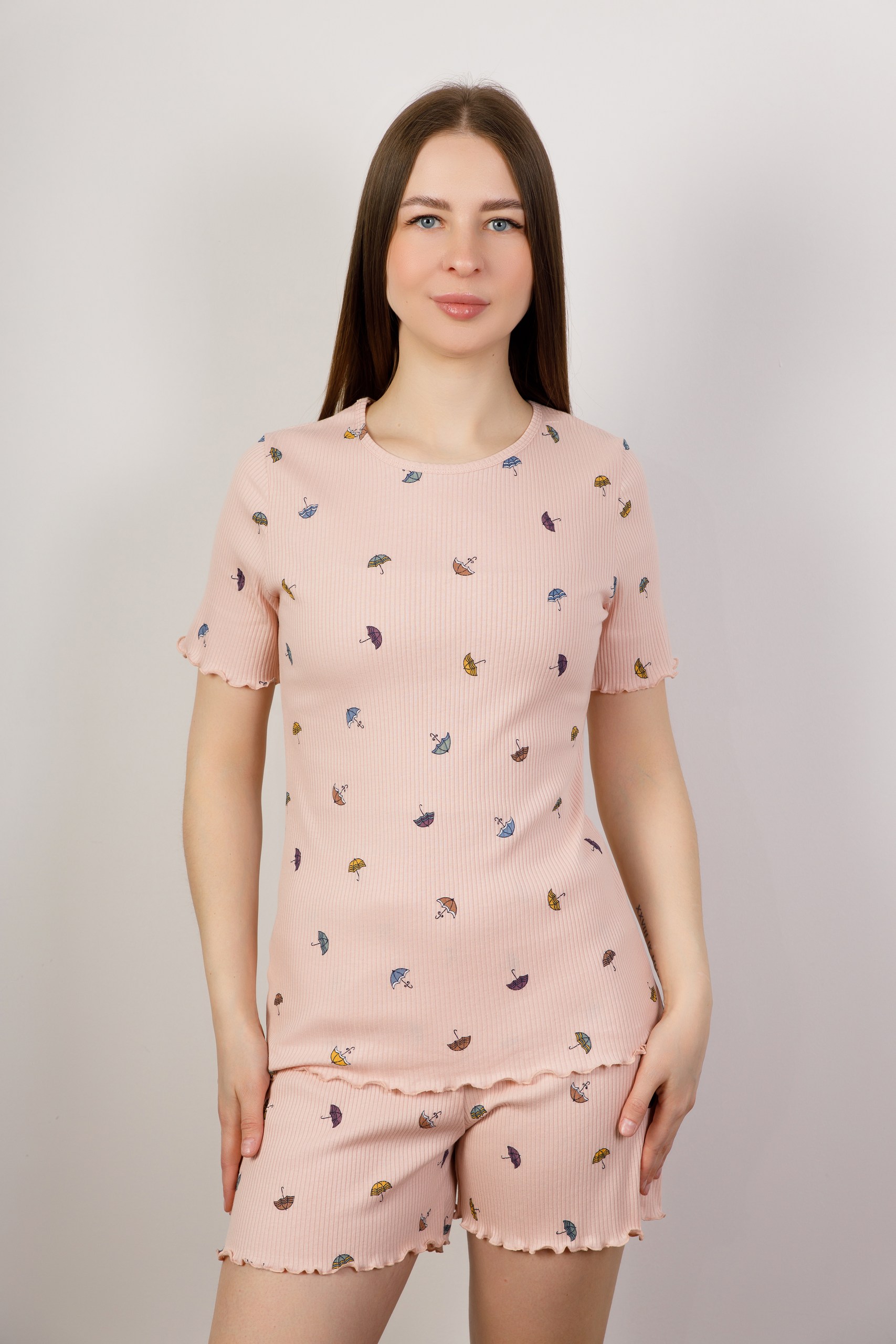 картинка Пижама женская «Жасмин-цвет» (разноцветные зонтики на пудровом фоне)  от магазина Одежда+